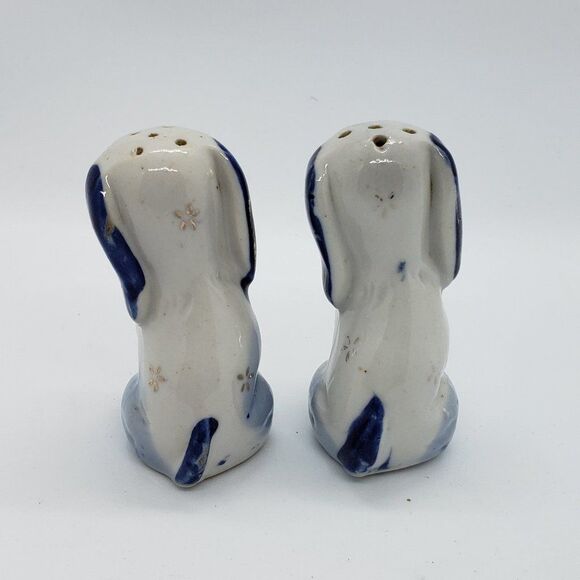 White Blue Gold Sad Eyed Dog Vintage Salt and Pepper Shaker - Picture 5 of 9